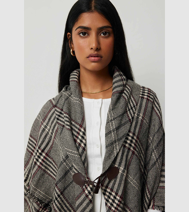 Plaid Poncho with Toggle Button
