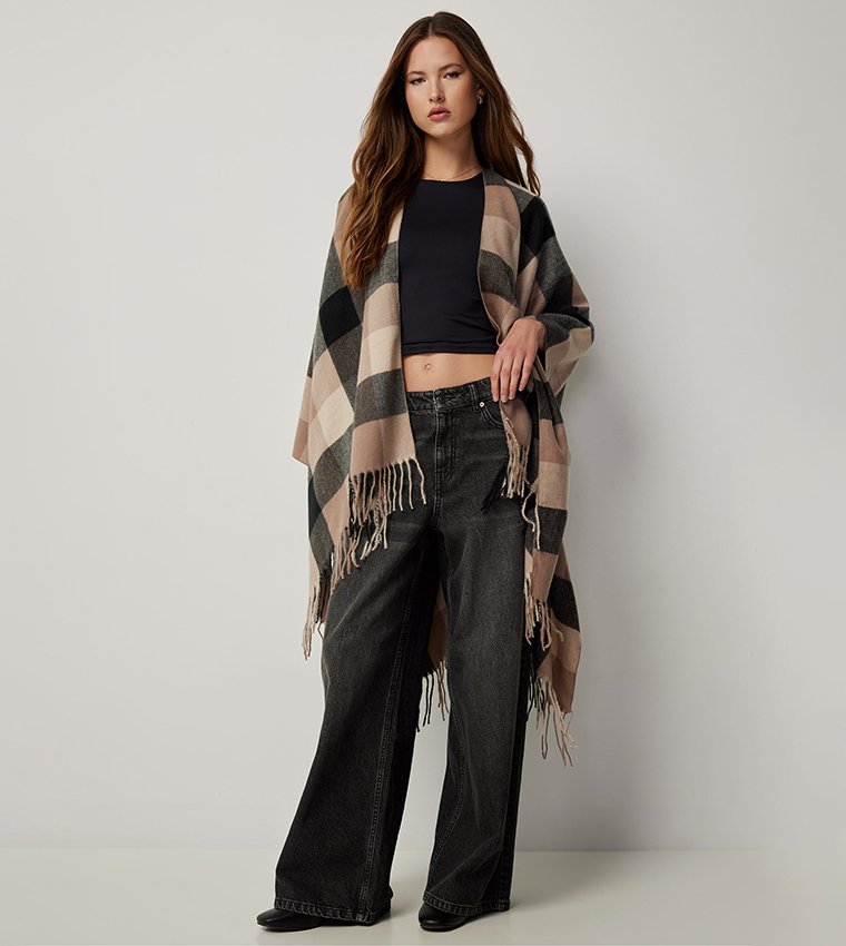 Checkered Fringe Trim Poncho