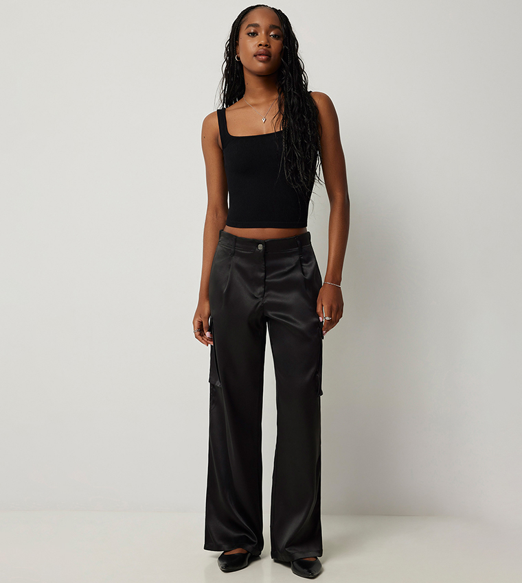 Mid Rise Satin Cargo Pants