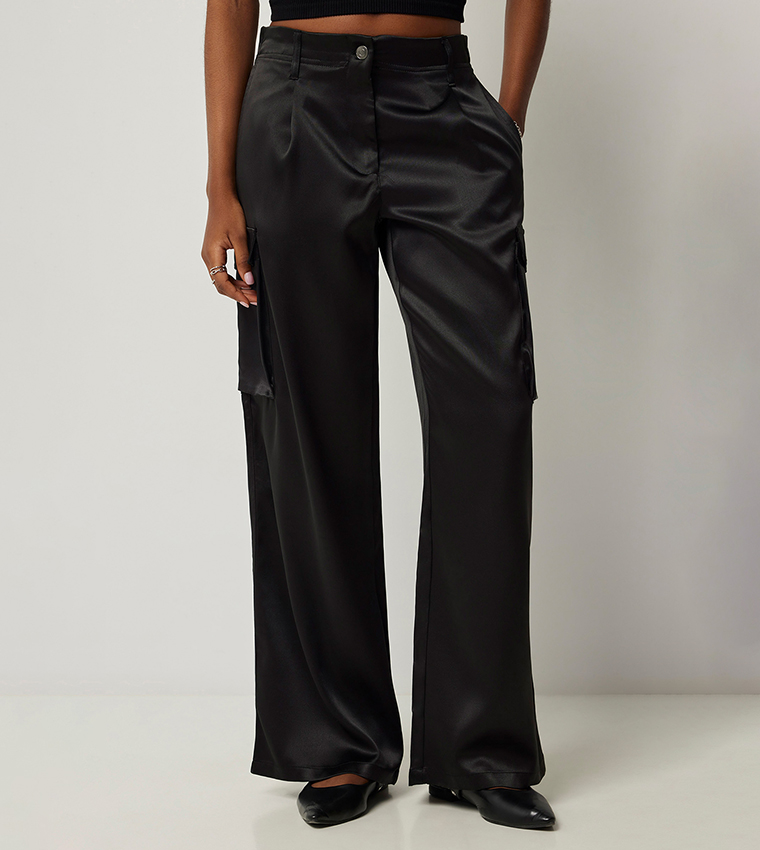 Mid Rise Satin Cargo Pants