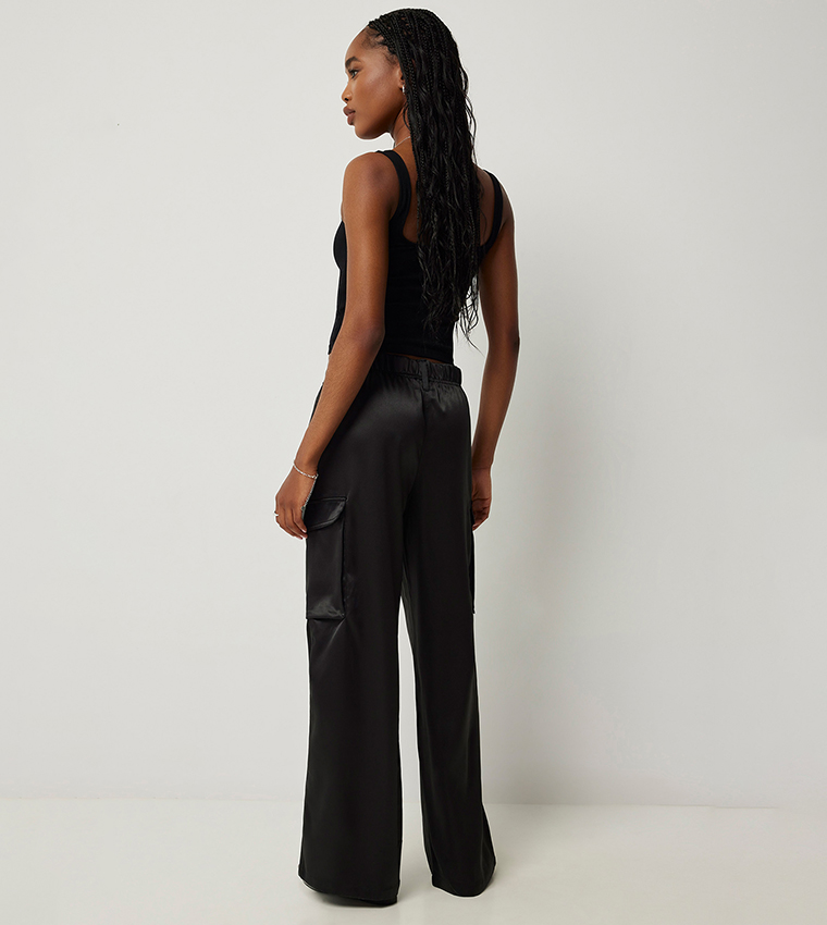 Mid Rise Satin Cargo Pants