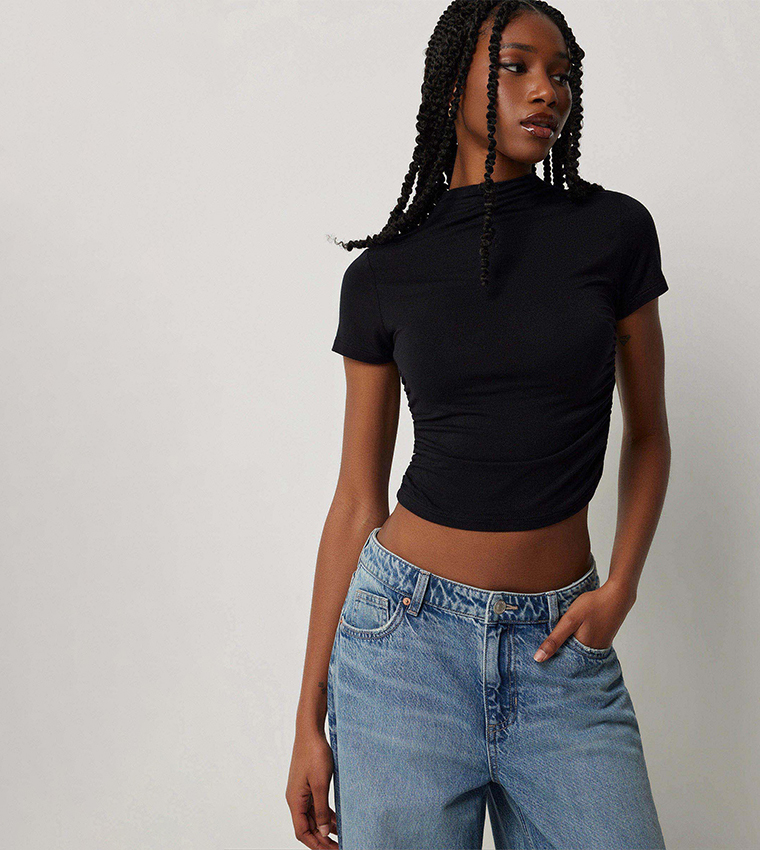 Buy Ardene Ruched Side Mock Neck Crop Top In Black | 6thstreet Kuwait