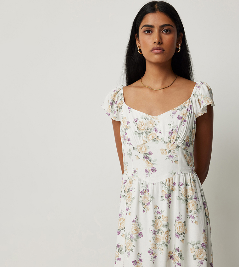 Floral Print Sweetheart Neck Midi Dress