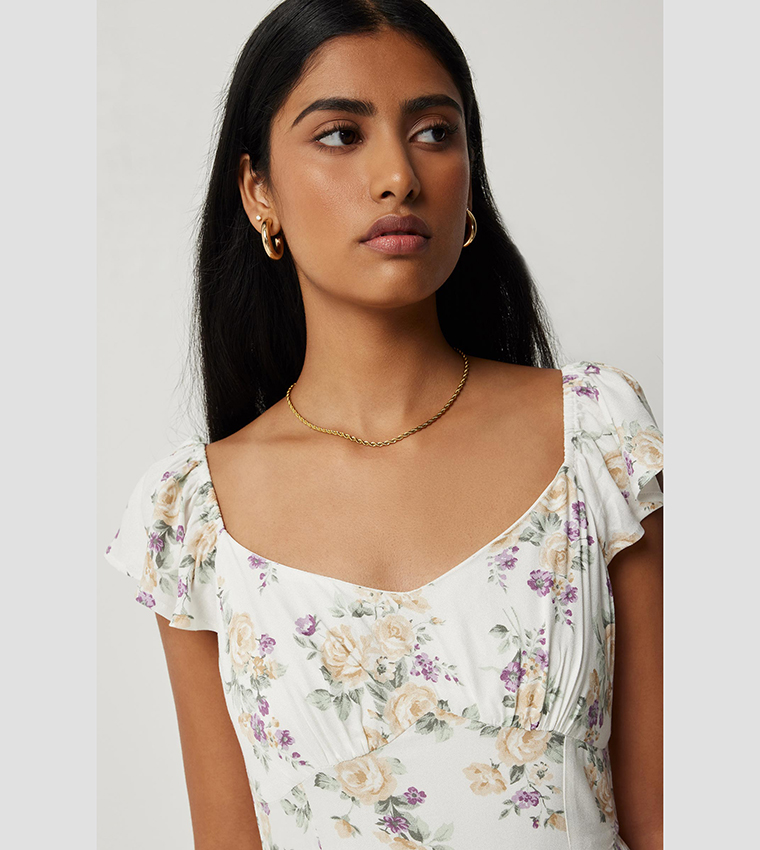 Floral Print Sweetheart Neck Midi Dress