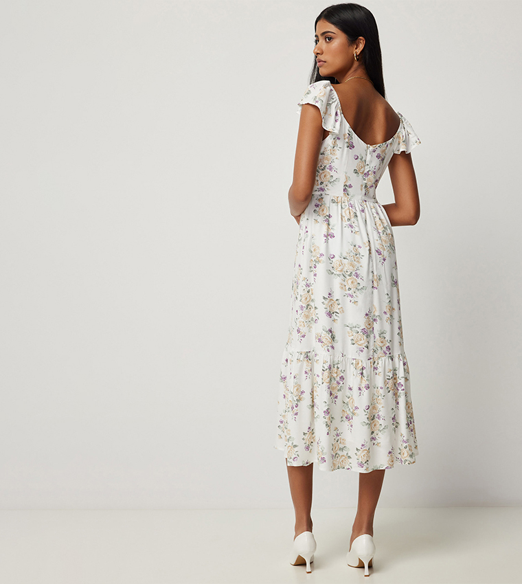 Floral Print Sweetheart Neck Midi Dress