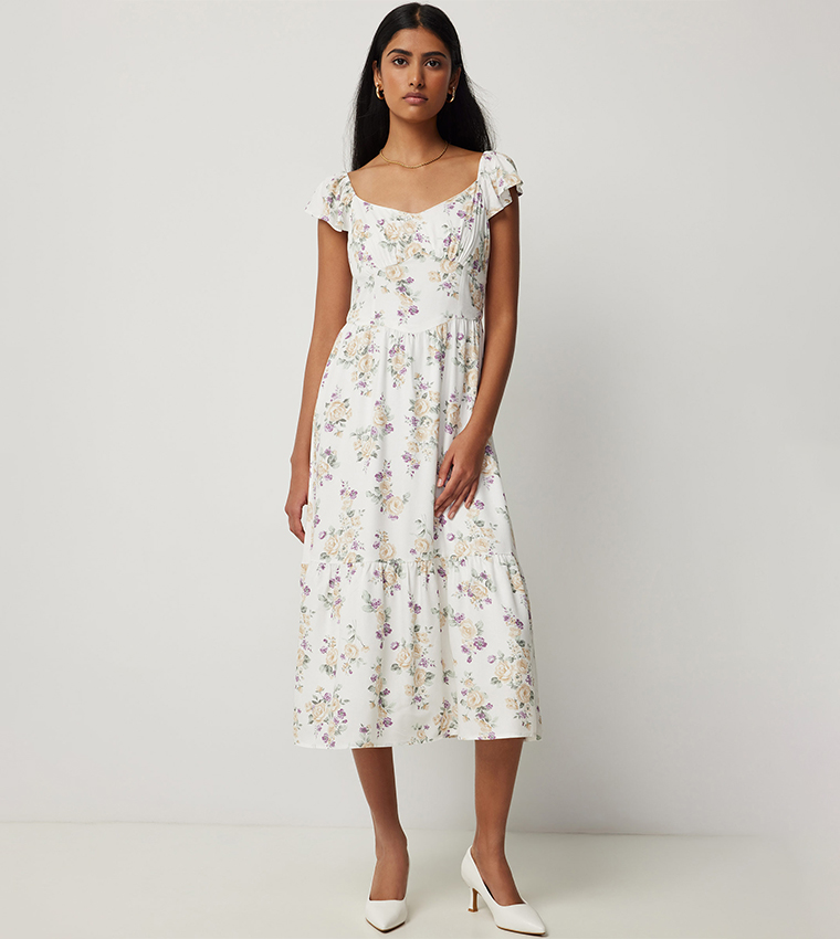 Floral Print Sweetheart Neck Midi Dress