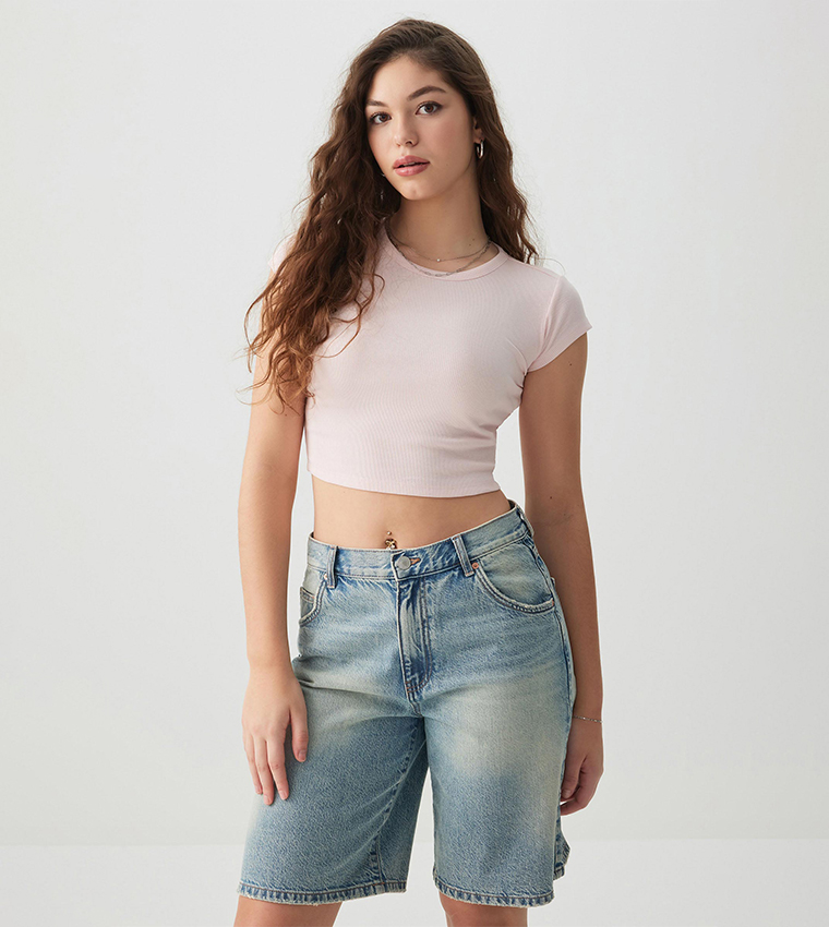 Ribbed Short Sleeves Crop Top