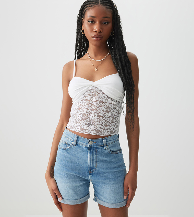 Faded High Rise Denim Shorts