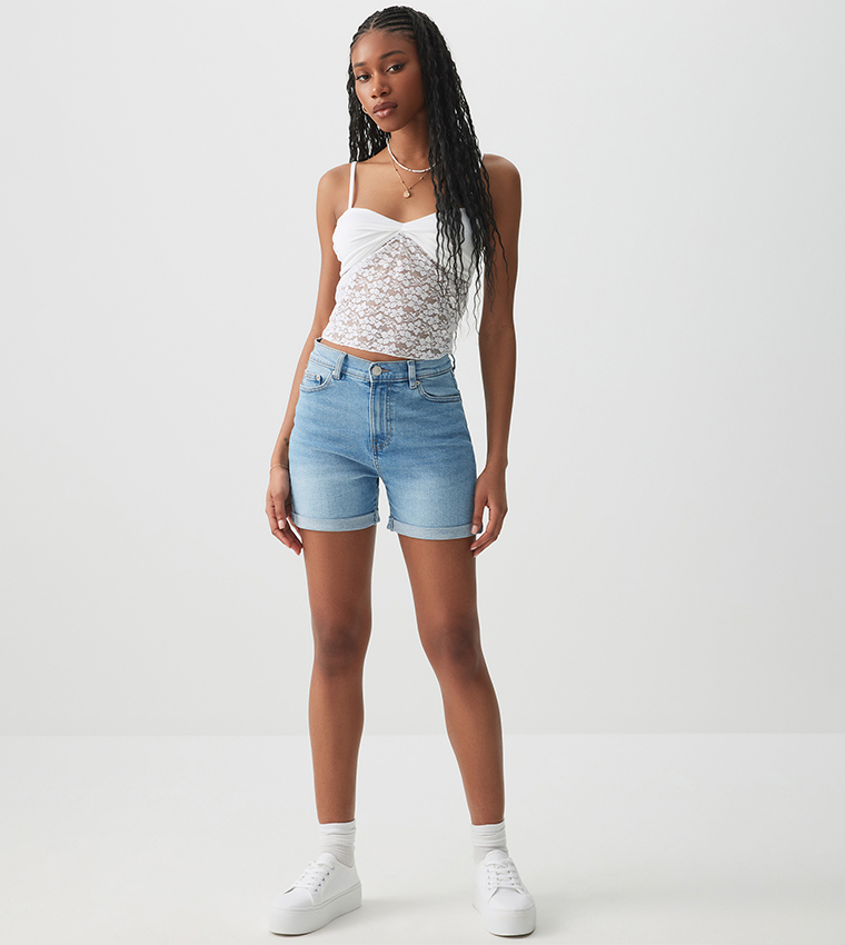 Faded High Rise Denim Shorts