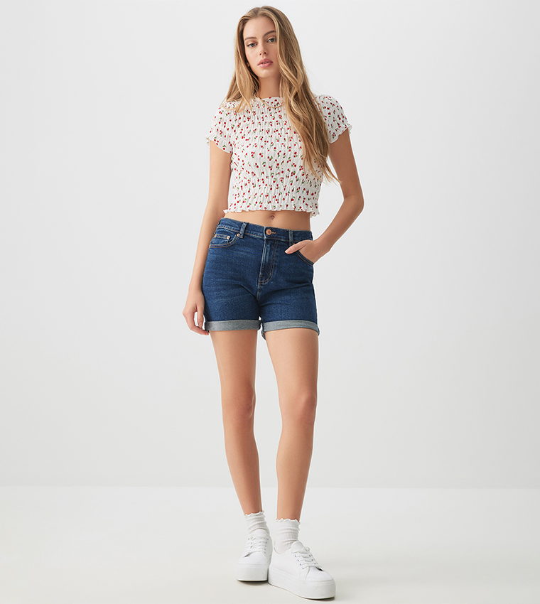 Faded High Rise Denim Shorts