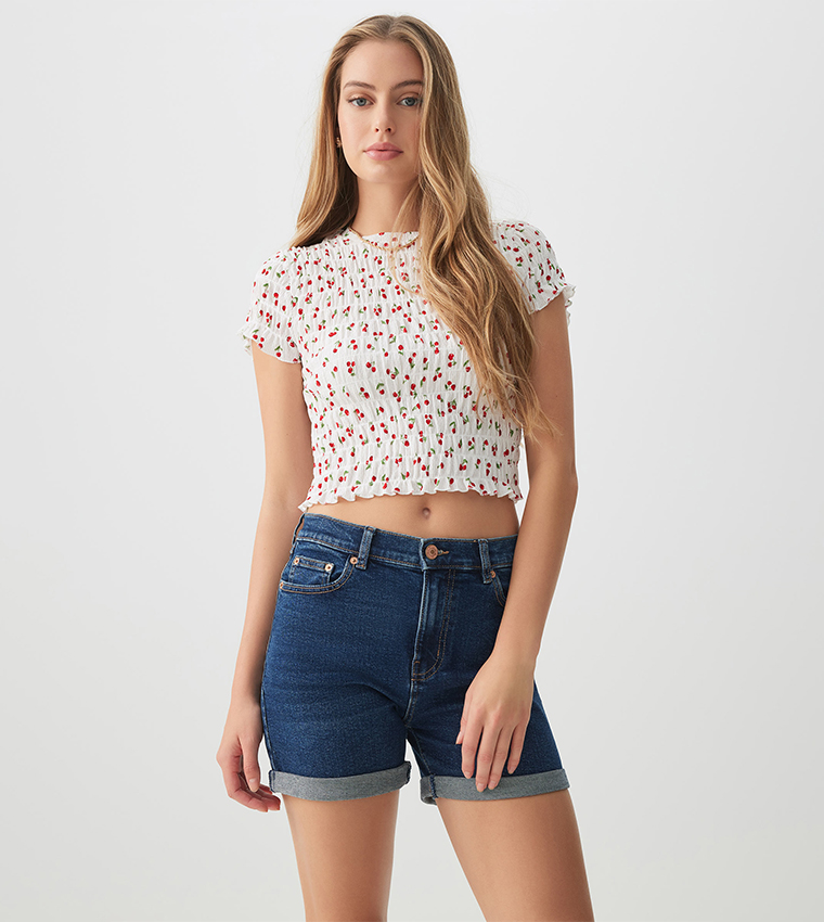 Faded High Rise Denim Shorts
