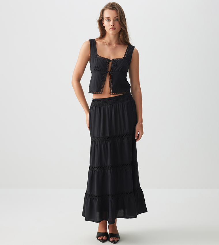 Elastic Waist Tiered Maxi Skirt