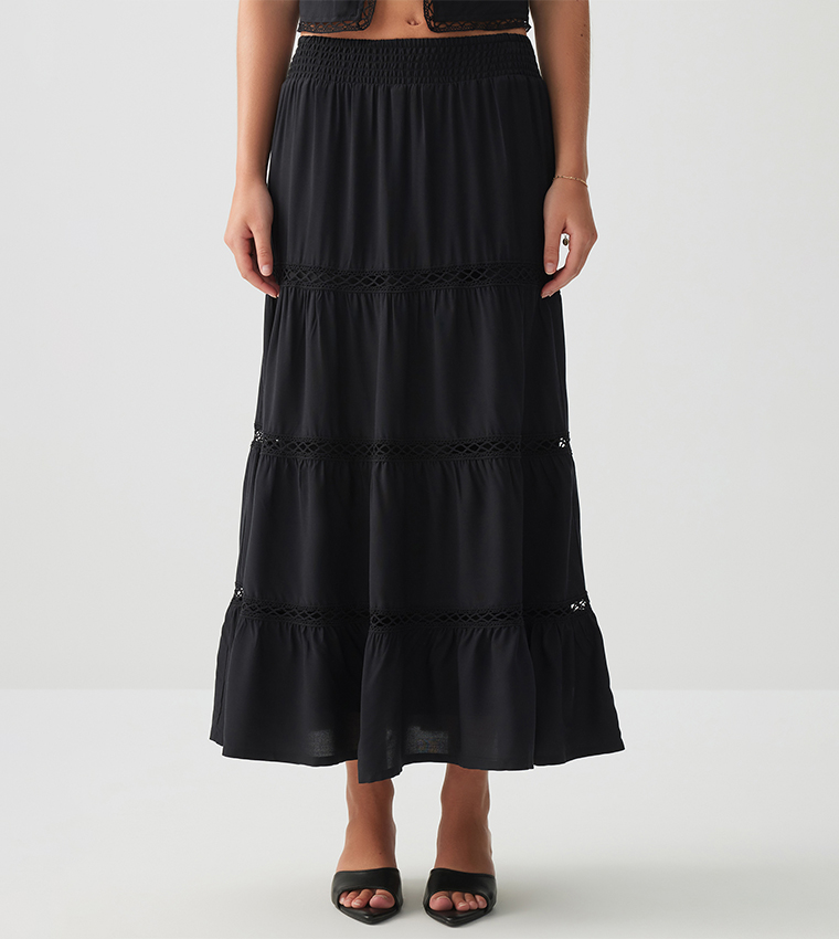 Elastic Waist Tiered Maxi Skirt