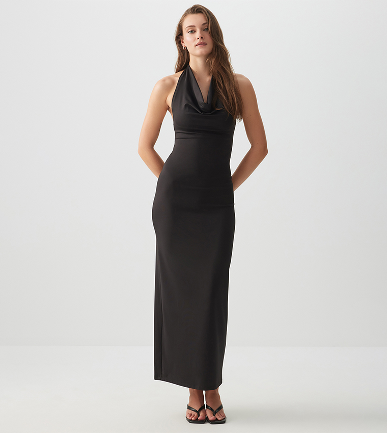 Solid Cowl Neck Bodycon Maxi Dress