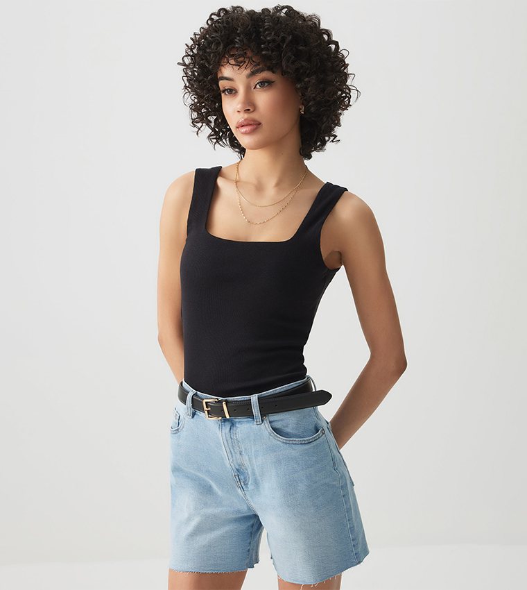 Ribbed Square Neck Tank Top