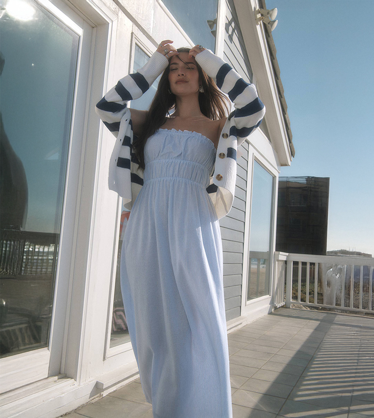 Striped Linen Blend Tube Maxi Dress