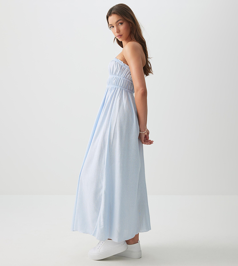 Striped Linen Blend Tube Maxi Dress