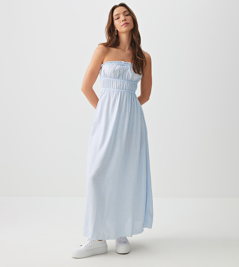 Striped Linen Blend Tube Maxi Dress