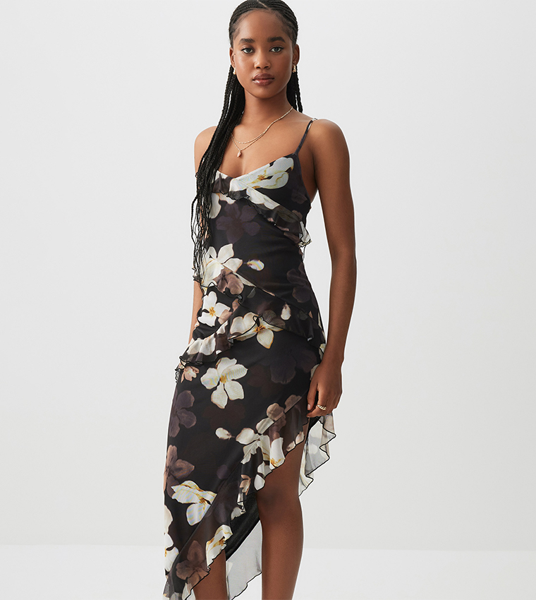 Floral Printed Asymmetric Ruffle Hem Midi Dress