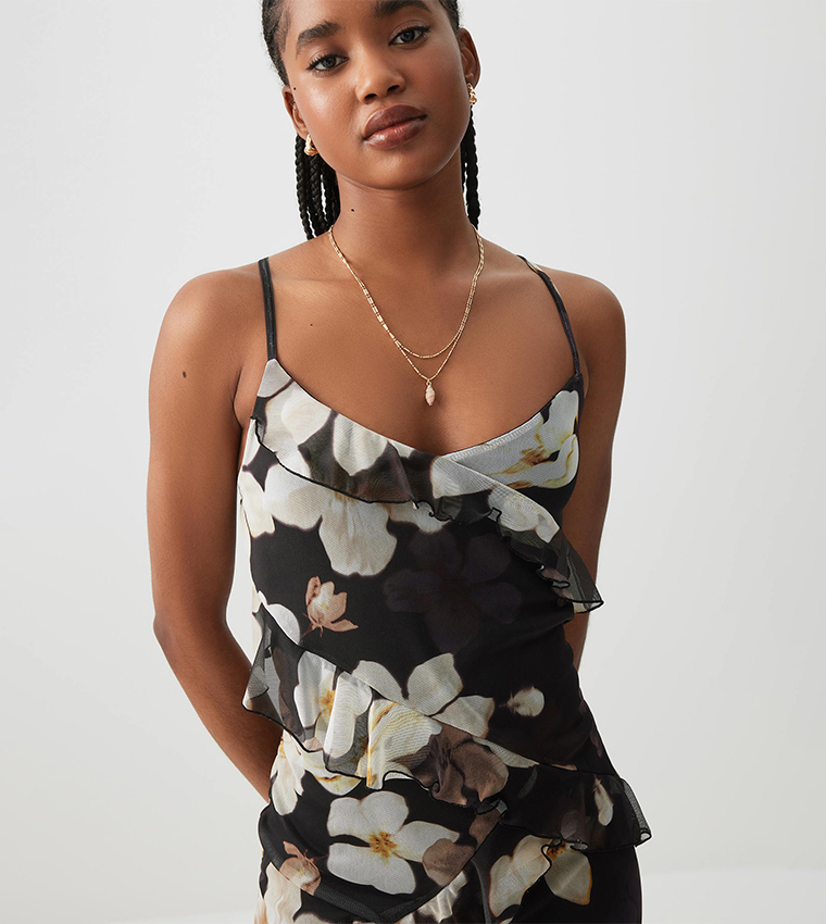Floral Printed Asymmetric Ruffle Hem Midi Dress