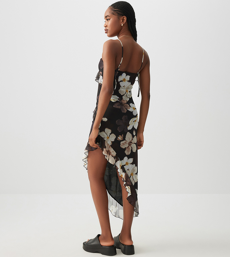 Floral Printed Asymmetric Ruffle Hem Midi Dress