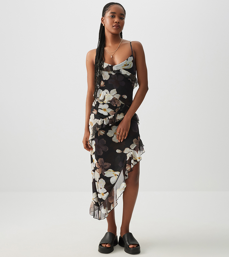 Floral Printed Asymmetric Ruffle Hem Midi Dress