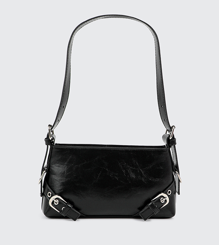 Textured Shoulder Bag with Buckle Detail