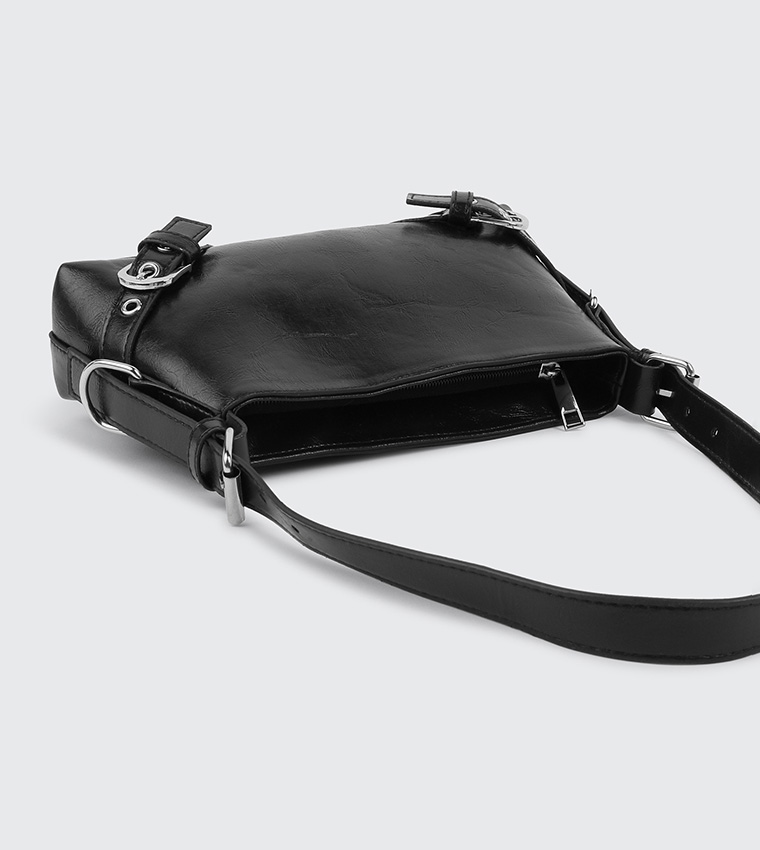 Textured Shoulder Bag with Buckle Detail