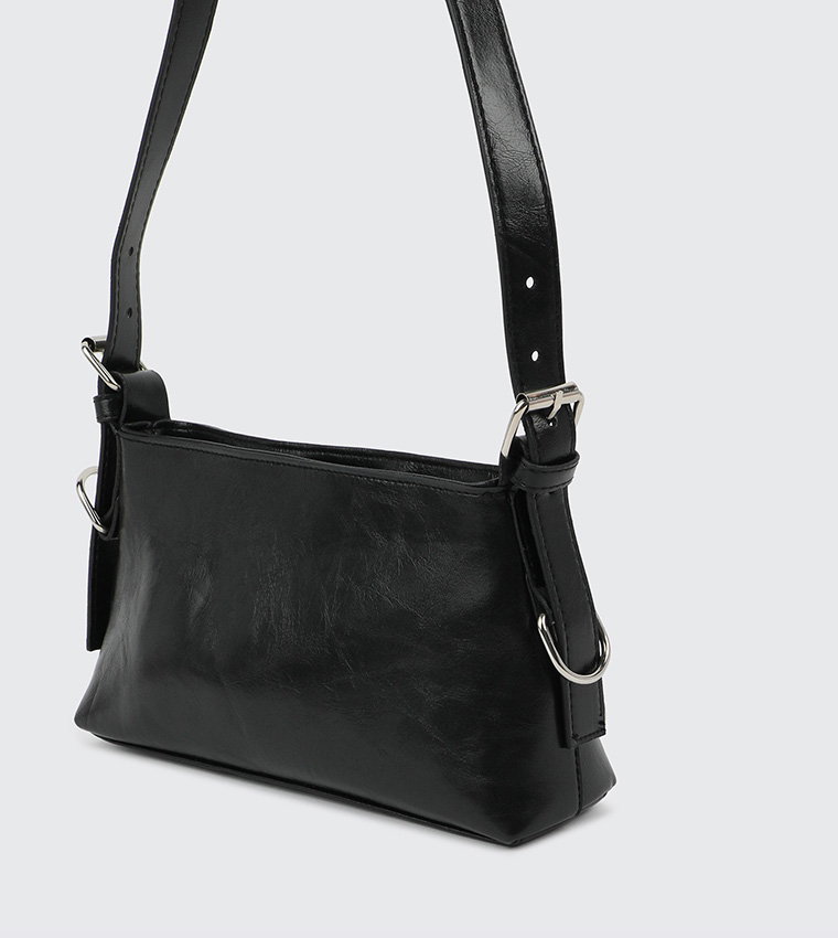 Textured Shoulder Bag with Buckle Detail