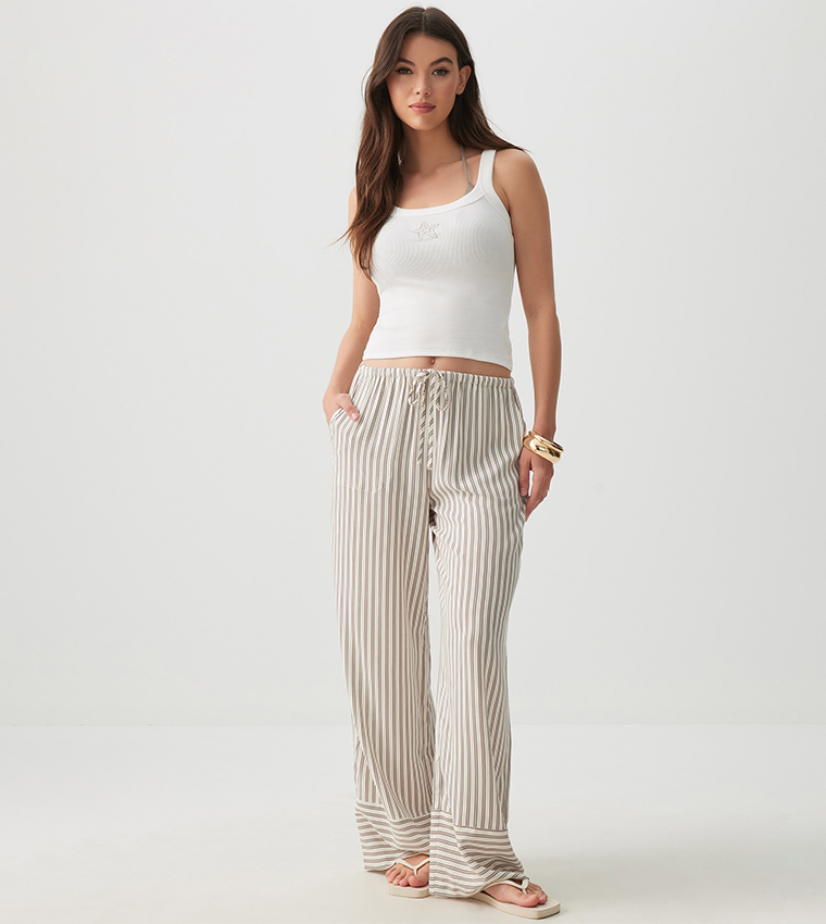 Striped Drawstring Waist Wide Leg Pants