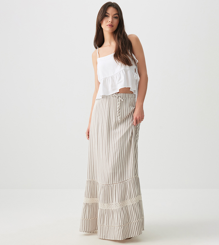 Striped High Waist Tiered Maxi Skirt