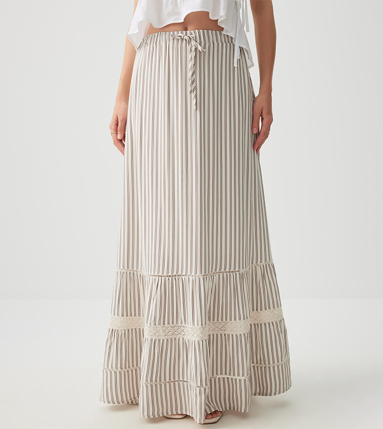 Striped High Waist Tiered Maxi Skirt