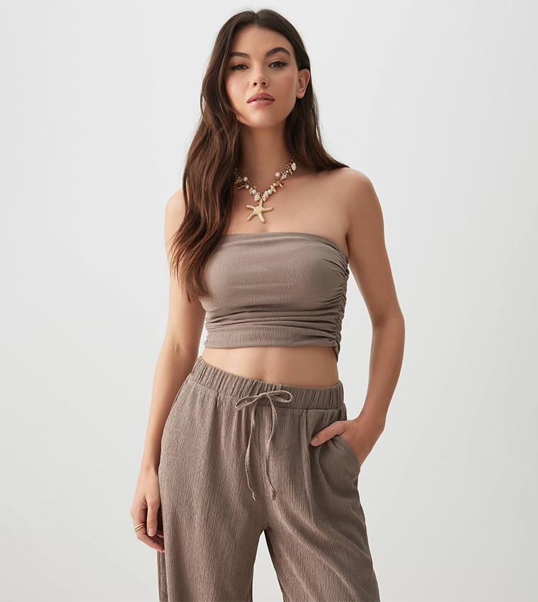 Ruched Seersucker Tube Crop Top