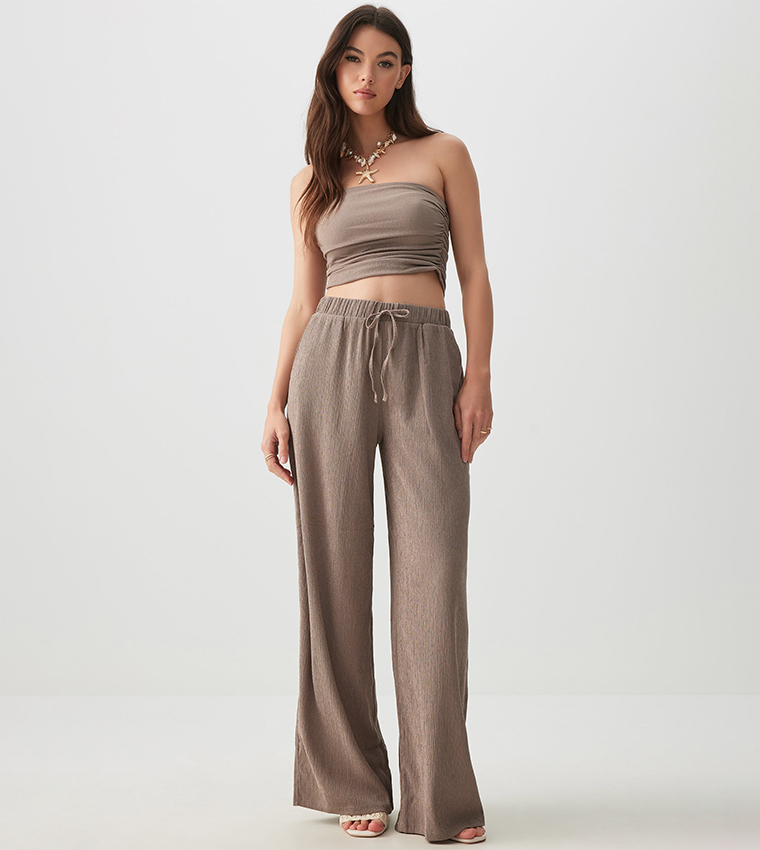 Ruched Seersucker Tube Crop Top