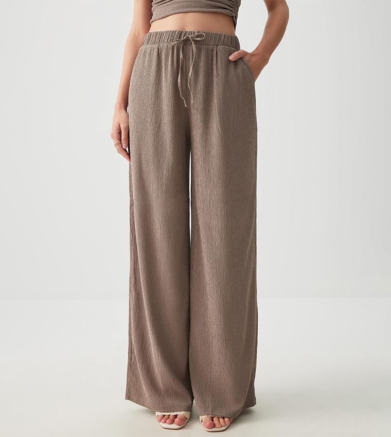 Drawstring Waist Seersucker Wide Leg Pants