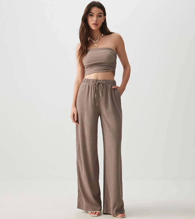 Drawstring Waist Seersucker Wide Leg Pants