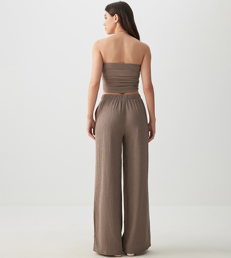 Drawstring Waist Seersucker Wide Leg Pants