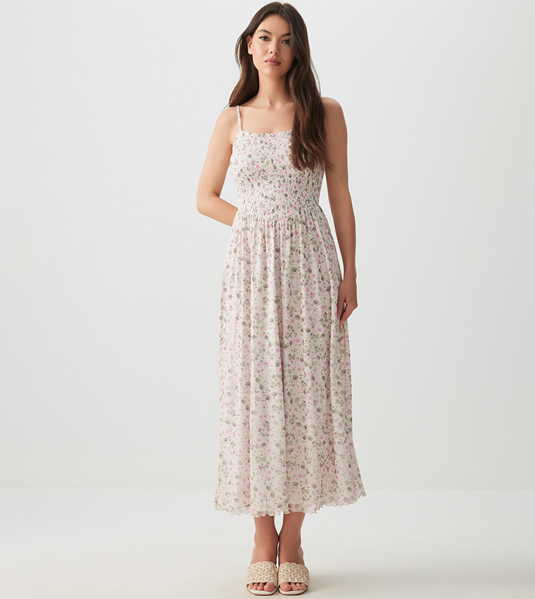 Printed Strappy Smocked Bodice Midi Dress