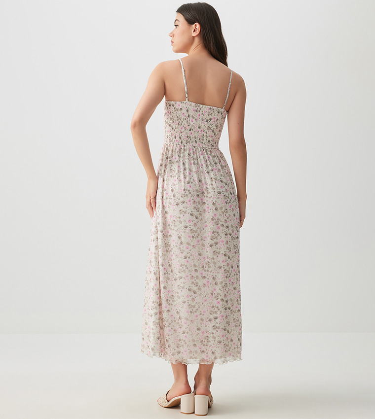 Printed Strappy Smocked Bodice Midi Dress