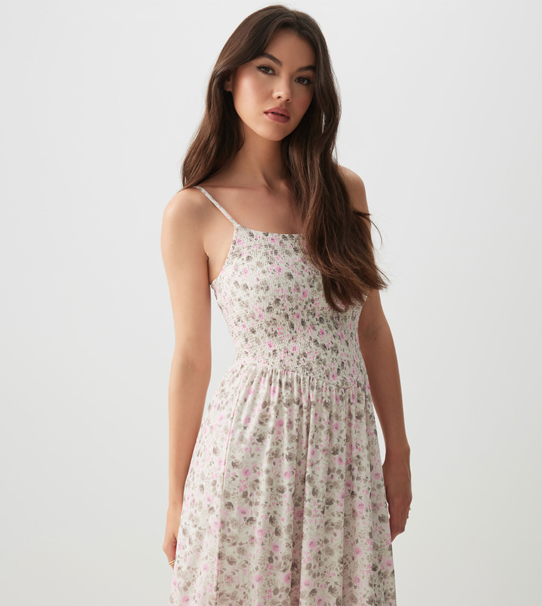 Printed Strappy Smocked Bodice Midi Dress