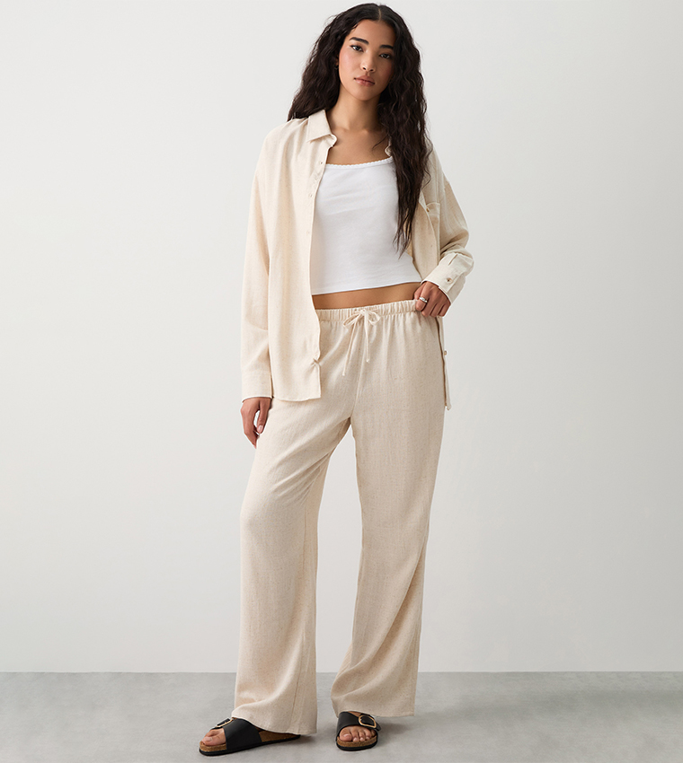بنطال واسع بمزيج لينن برباط على الخصر