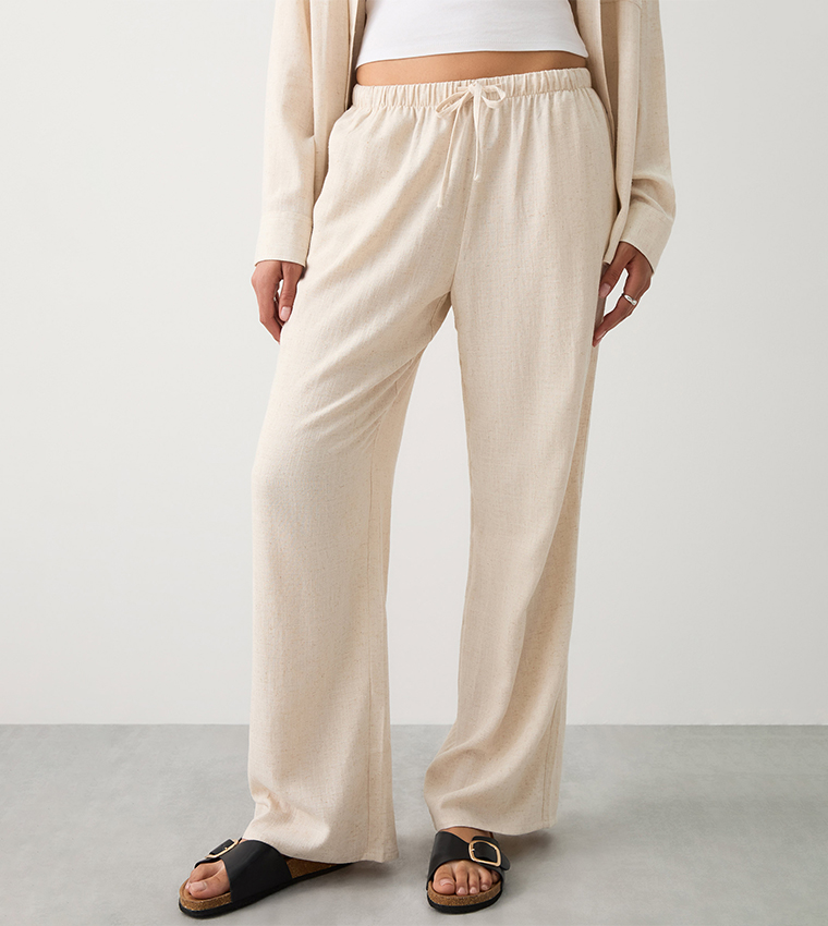 بنطال واسع بمزيج لينن برباط على الخصر
