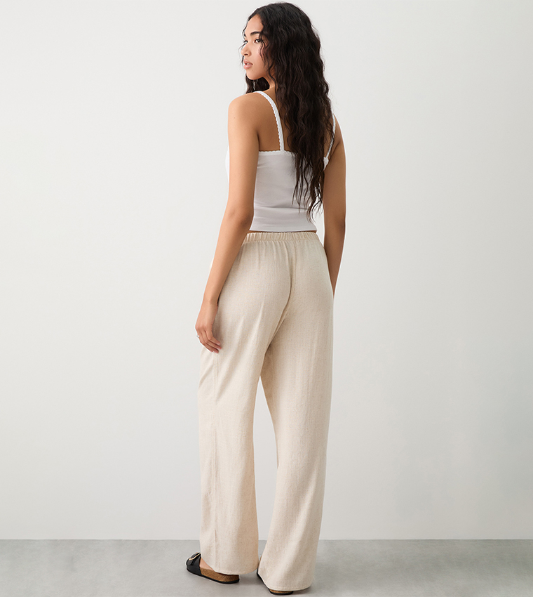 بنطال واسع بمزيج لينن برباط على الخصر