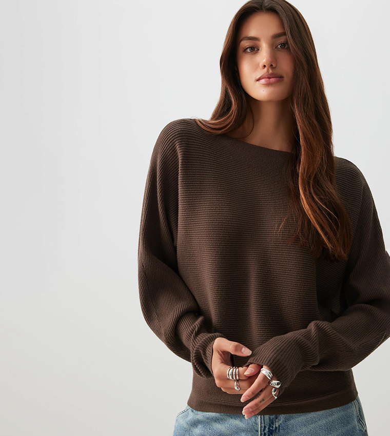 Ribbed Batwing Sleeves Sweater