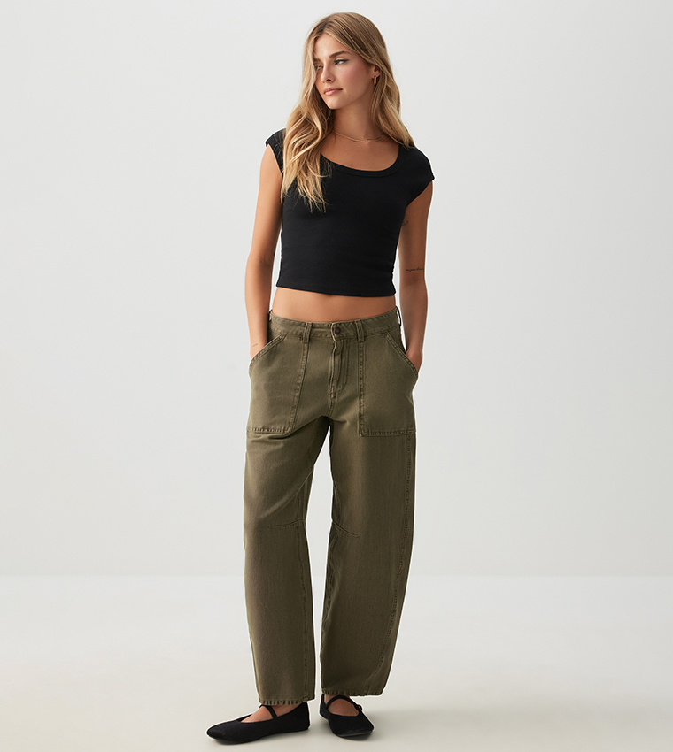 High Rise Stretch Twill Barrel Pants