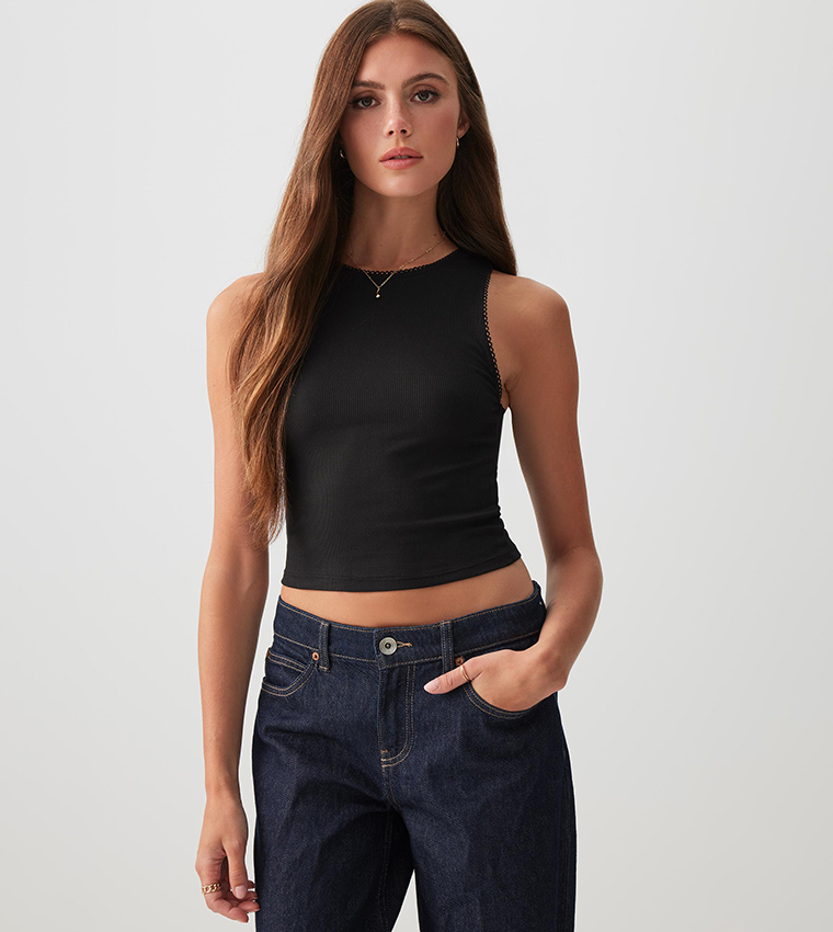 Picot Trim High Neck Crop Top