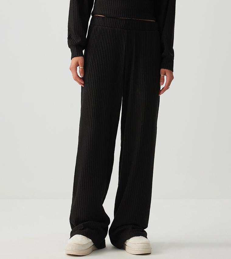 Ribbed Brushed Knit Wide Leg Pants