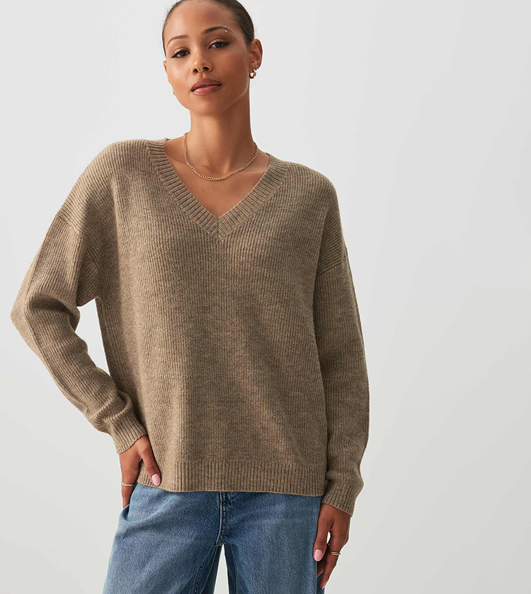 Buy Ardene Ribbed V Neck Sweater In Beige | 6thStreet UAE