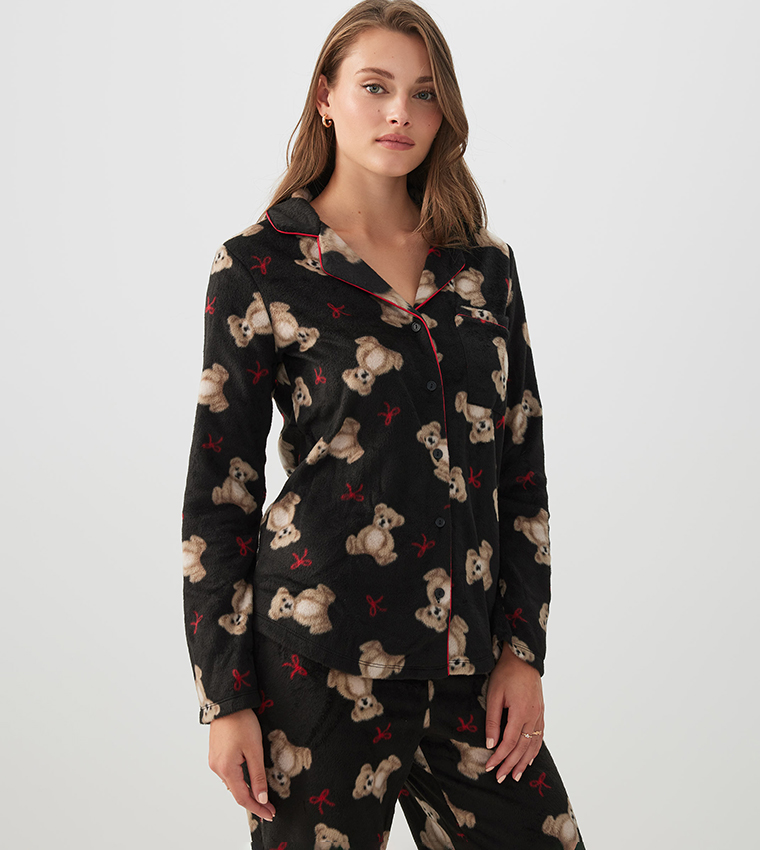 طقم بيجاما بخصر مرن بطبعة