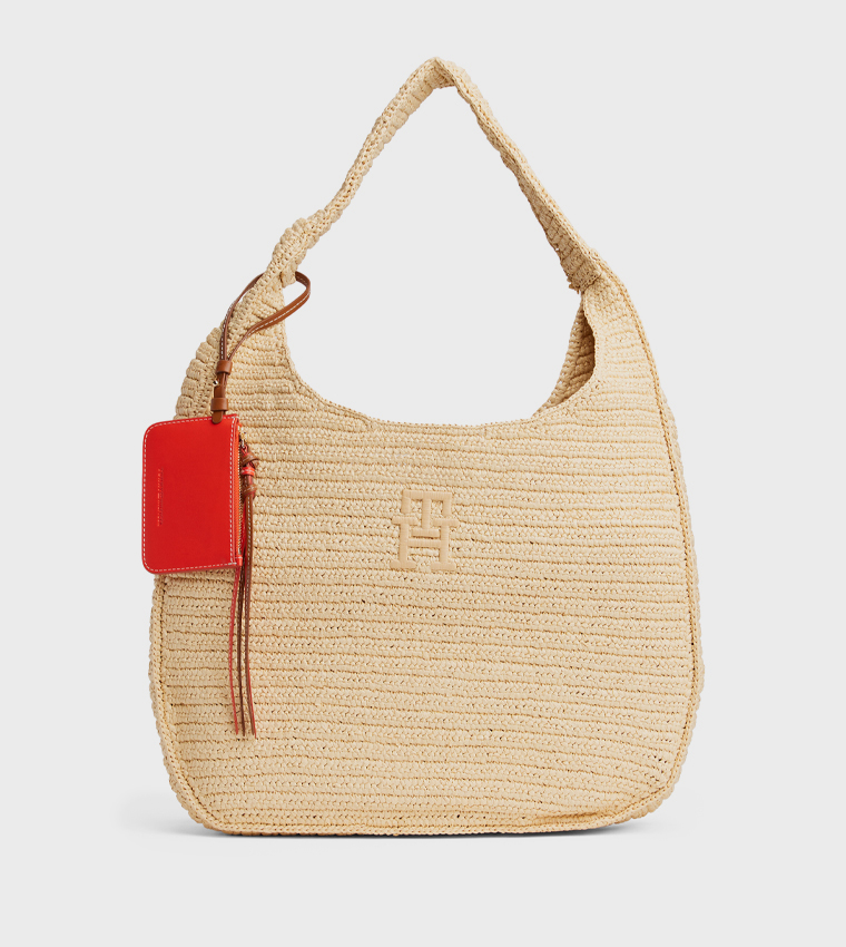 Logo Embroidered Straw Hobo Bag